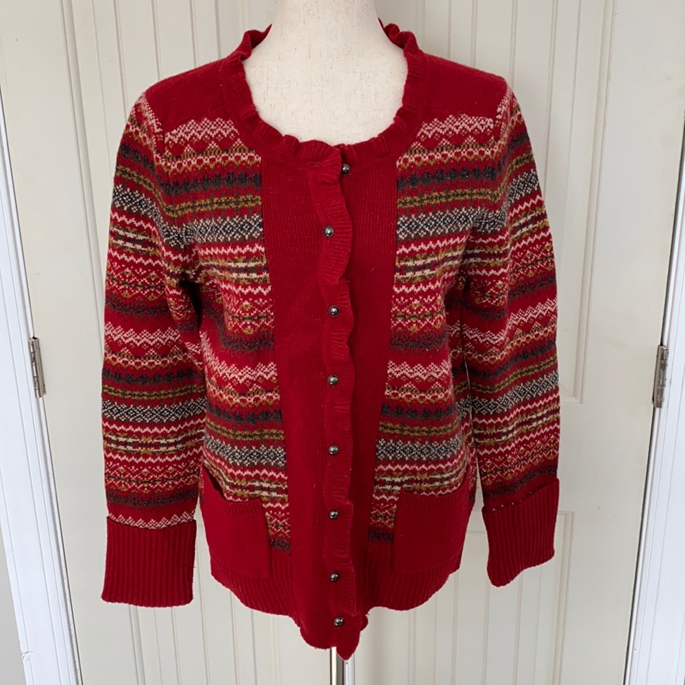Eddie Bauer Winter Cardigan with Ruffled Neck and Placket—L